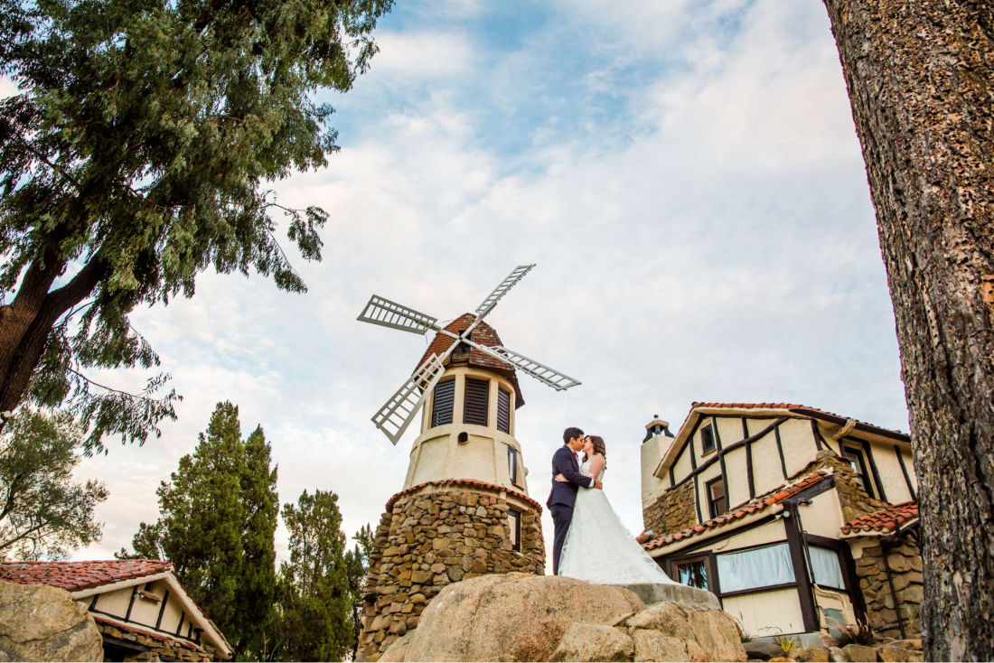Wedding couple kissing in front of windmill in San Diego captured by True Photography