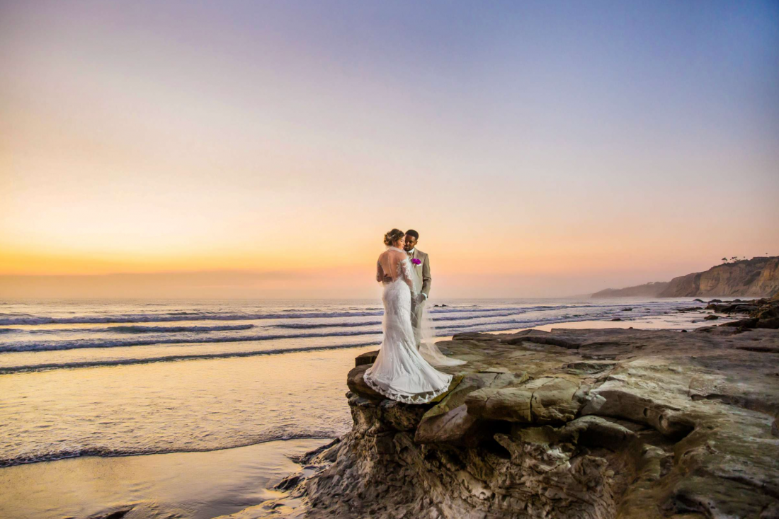 Bride and Groom beach portrait at Scripps Seaside Forum captured by True Photography
