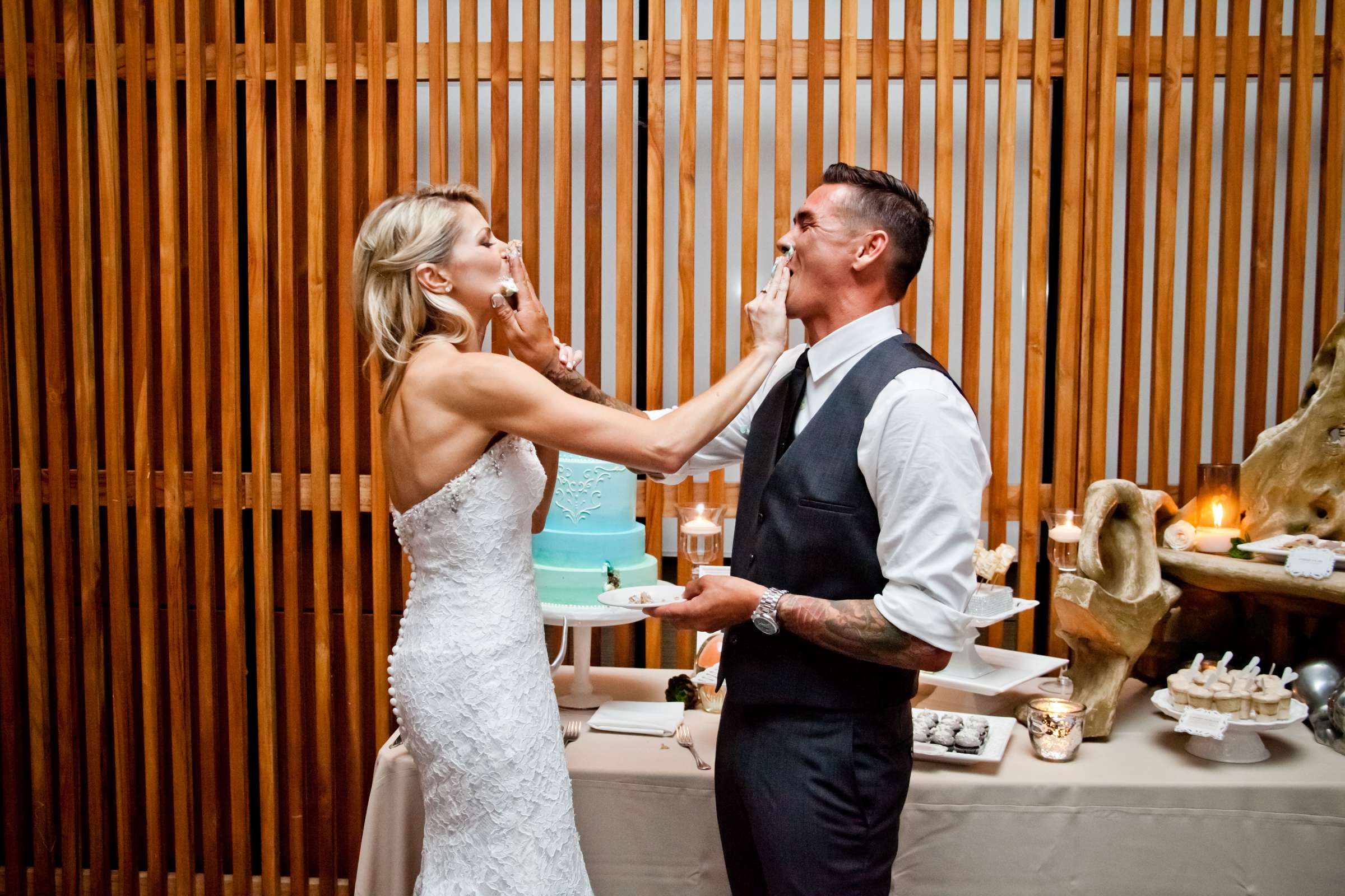 Cake Cutting at Scripps Seaside Forum Wedding coordinated by Carmin Designs, Kelly and Jodie Wedding Photo #48 by True Photography