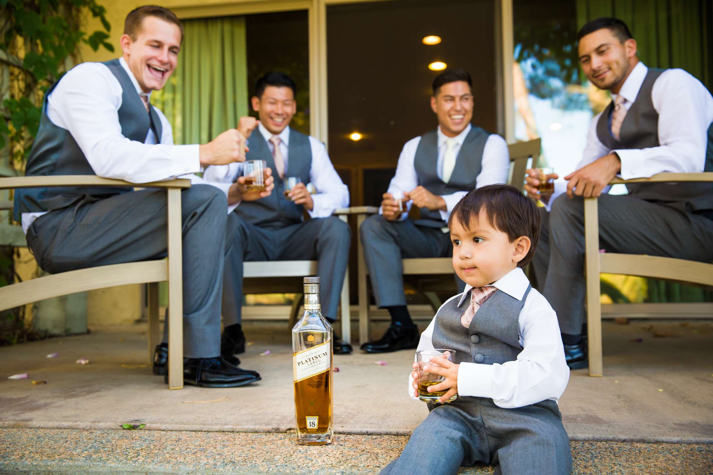 Groomsmen, Ring Bearer, Funny moment at Temecula Creek Inn Wedding coordinated by LexxEvents, Mariah and Phillip Wedding Photo #8 by True Photography