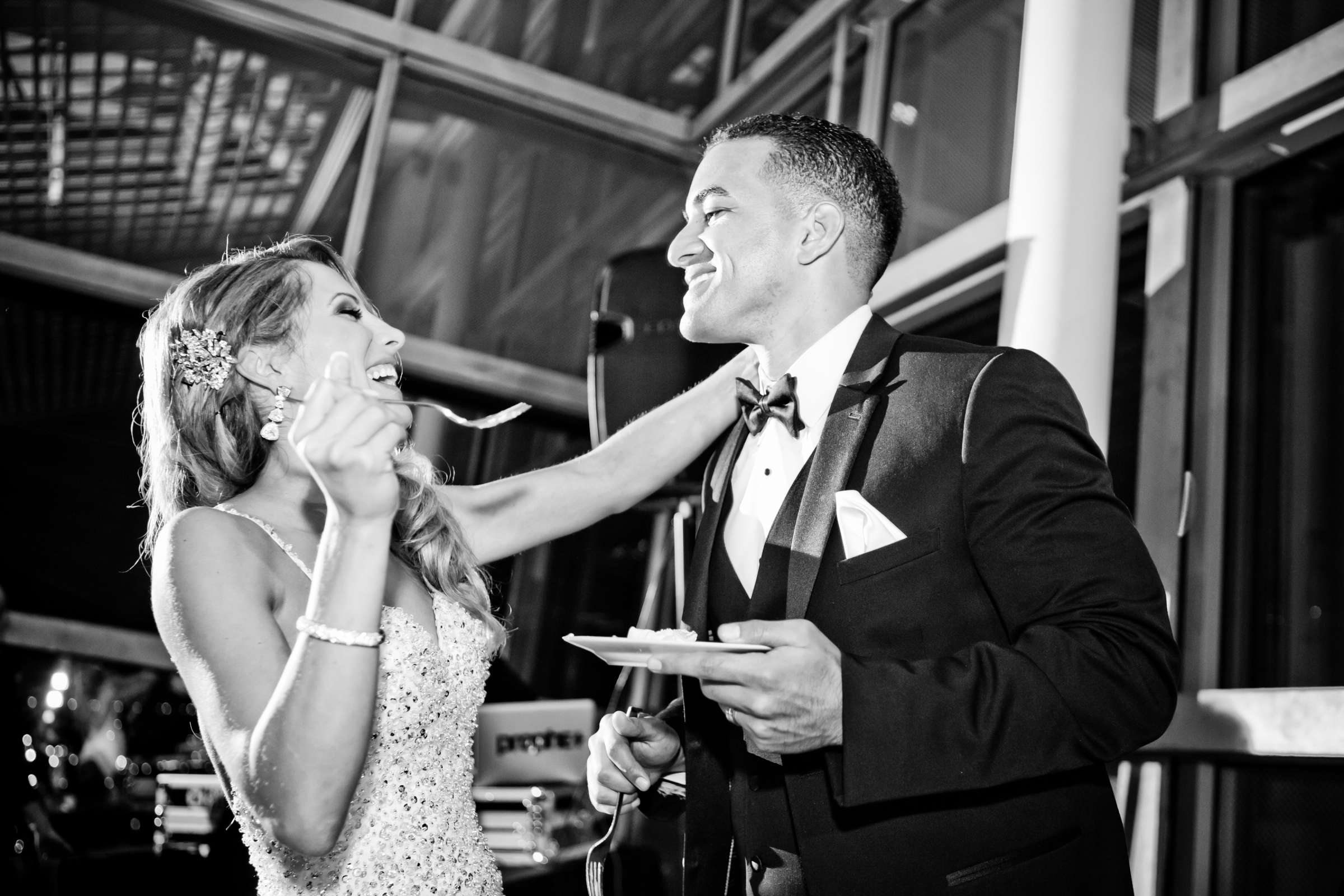 Cake Cutting, Candid moment, Black and White photo at San Diego Central Library Wedding, Camille and JuanCarlos Wedding Photo #43 by True Photography