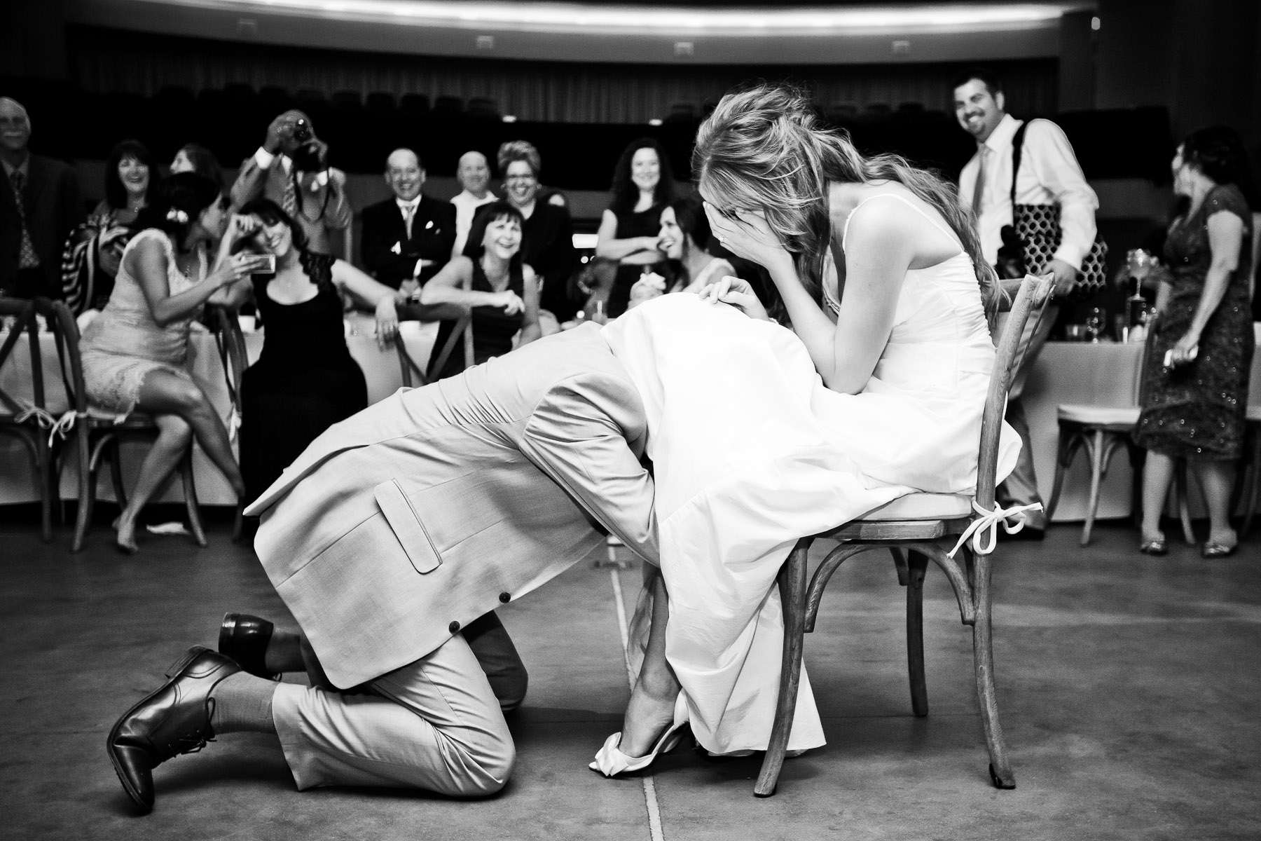 Bouquet and Garter Toss, Black and White photo at Scripps Seaside Forum Wedding coordinated by Diane Christine Events, Jacqueline and Ross Wedding Photo #142356 by True Photography