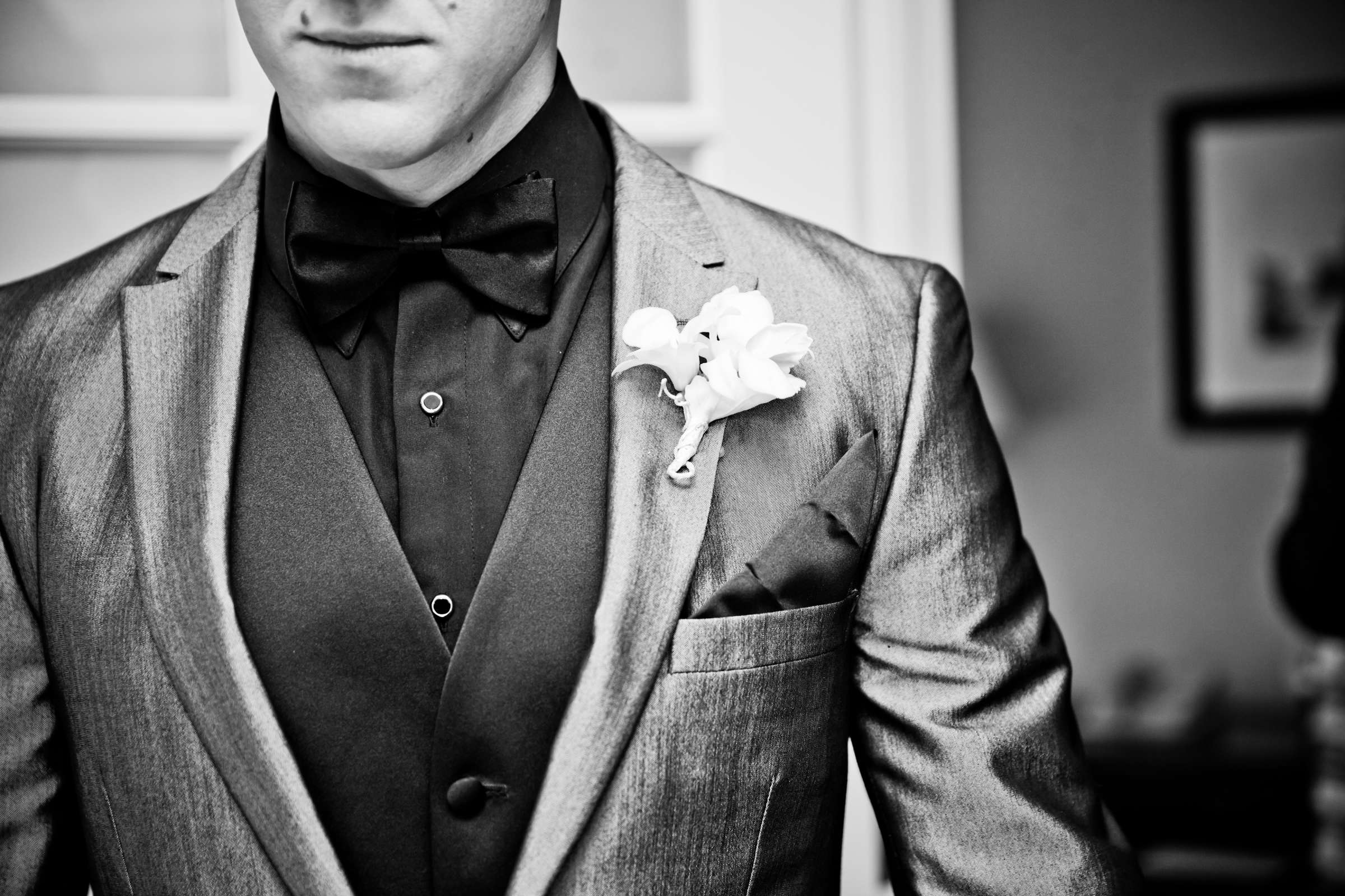Black and White photo, boutonnière at El Cortez Wedding coordinated by Holly Kalkin Weddings, Shannon and Elliott Wedding Photo #143000 by True Photography
