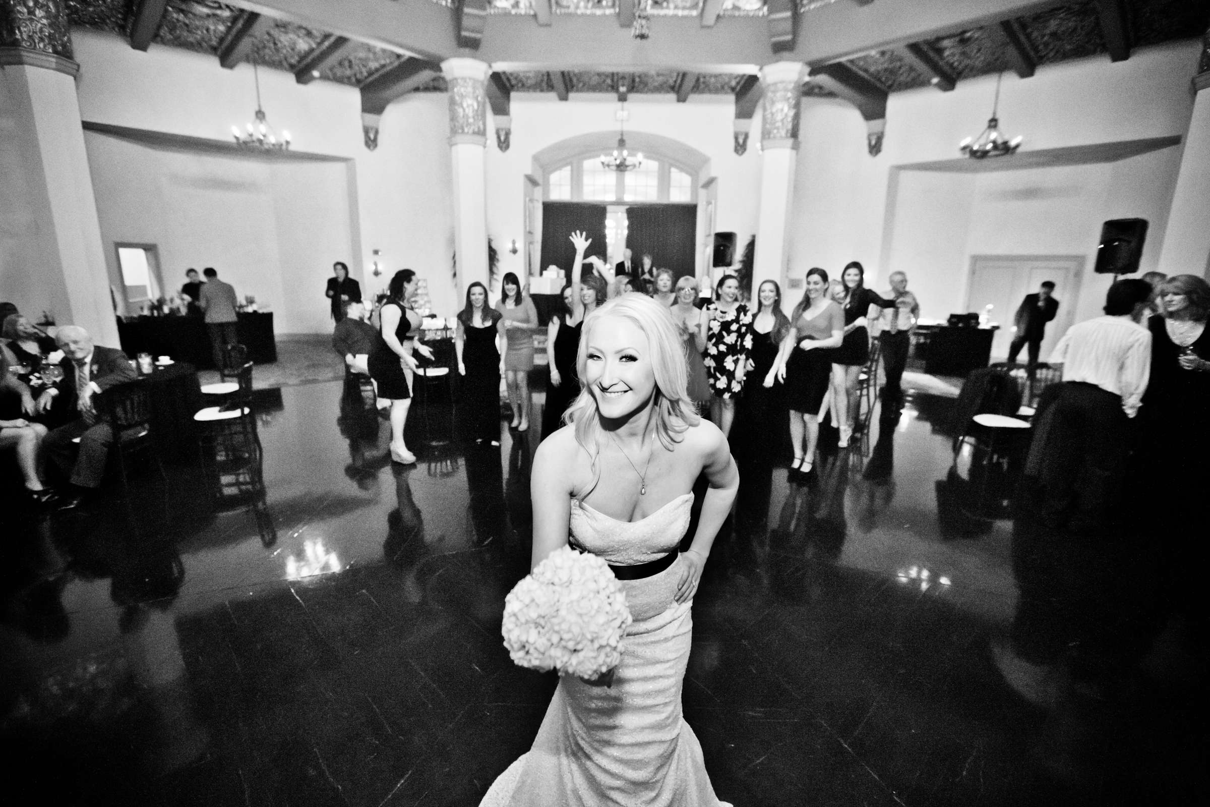 Bouquet and Garter Toss, Black and White photo at El Cortez Wedding coordinated by Holly Kalkin Weddings, Shannon and Elliott Wedding Photo #143030 by True Photography