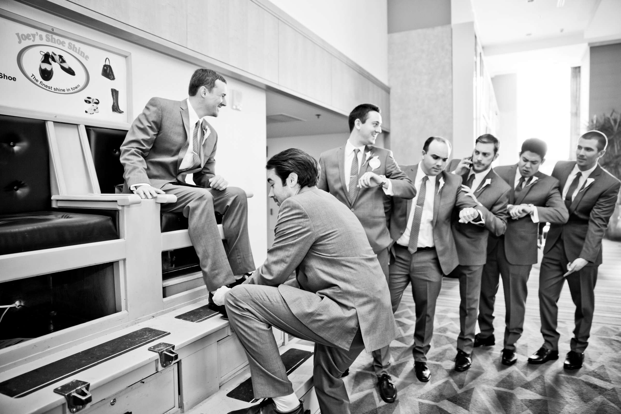 Groomsmen, Black and White photo, Funny moment at Hilton San Diego Bayfront Wedding coordinated by Holly Kalkin Weddings, Lauren and Stephen Wedding Photo #143459 by True Photography