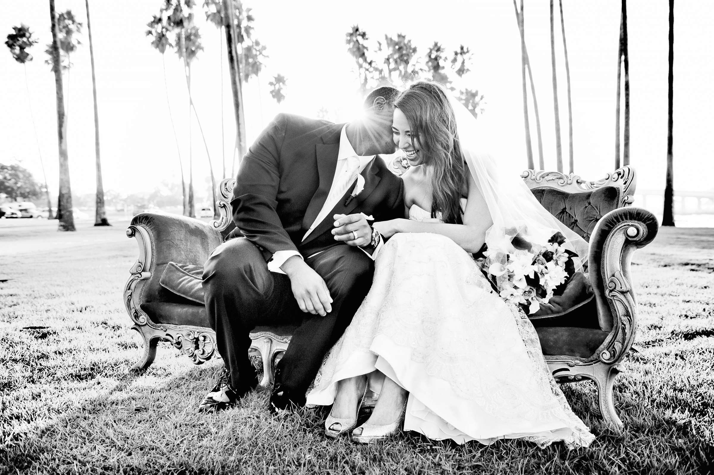Bride and Groom, Black and White photo, Candid moment at The Dana on Mission Bay Wedding coordinated by SD Weddings by Gina, Laura and Ricky Wedding Photo #1 by True Photography