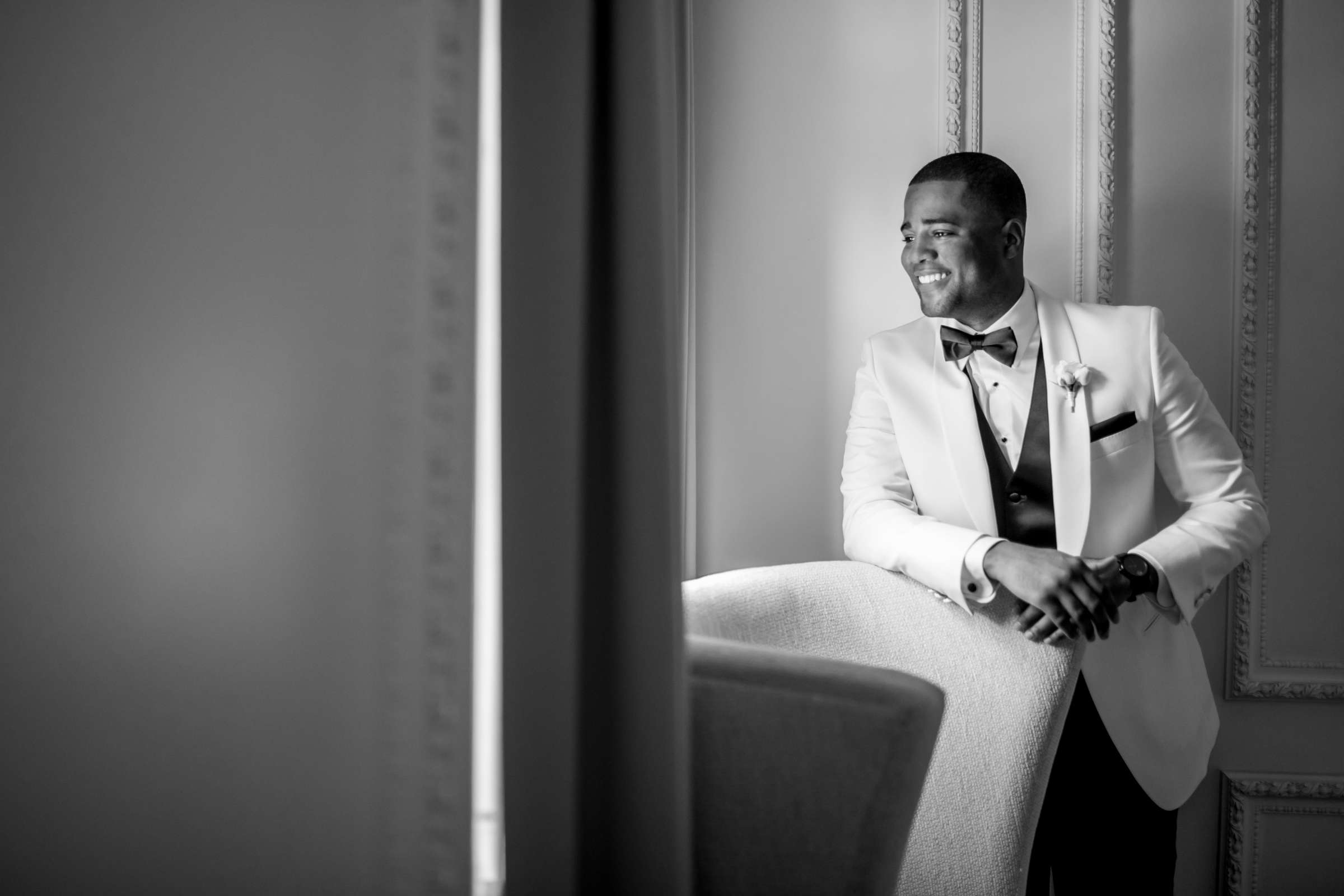Classical moment, Groom, Black and White photo at Coronado Community Center Wedding coordinated by First Comes Love Weddings & Events, Nikia and Charles Wedding Photo #226152 by True Photography