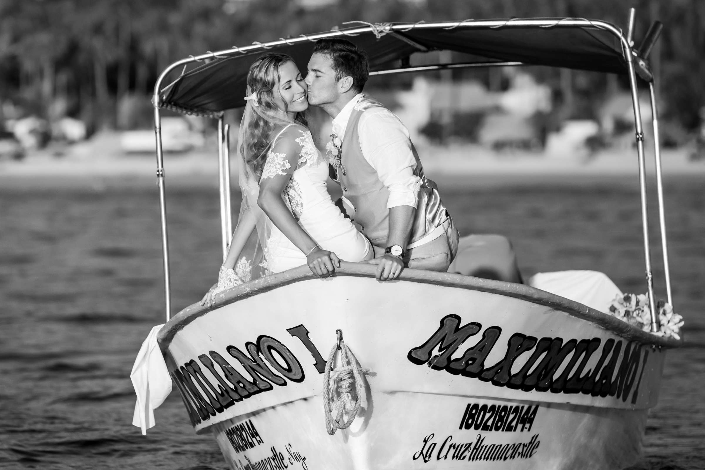 Boat Wedding, Romantic moment, Bride and Groom, Black and White photo at Wedding coordinated by Mar Weddings, Chelsea and Scott Wedding Photo #11 by True Photography