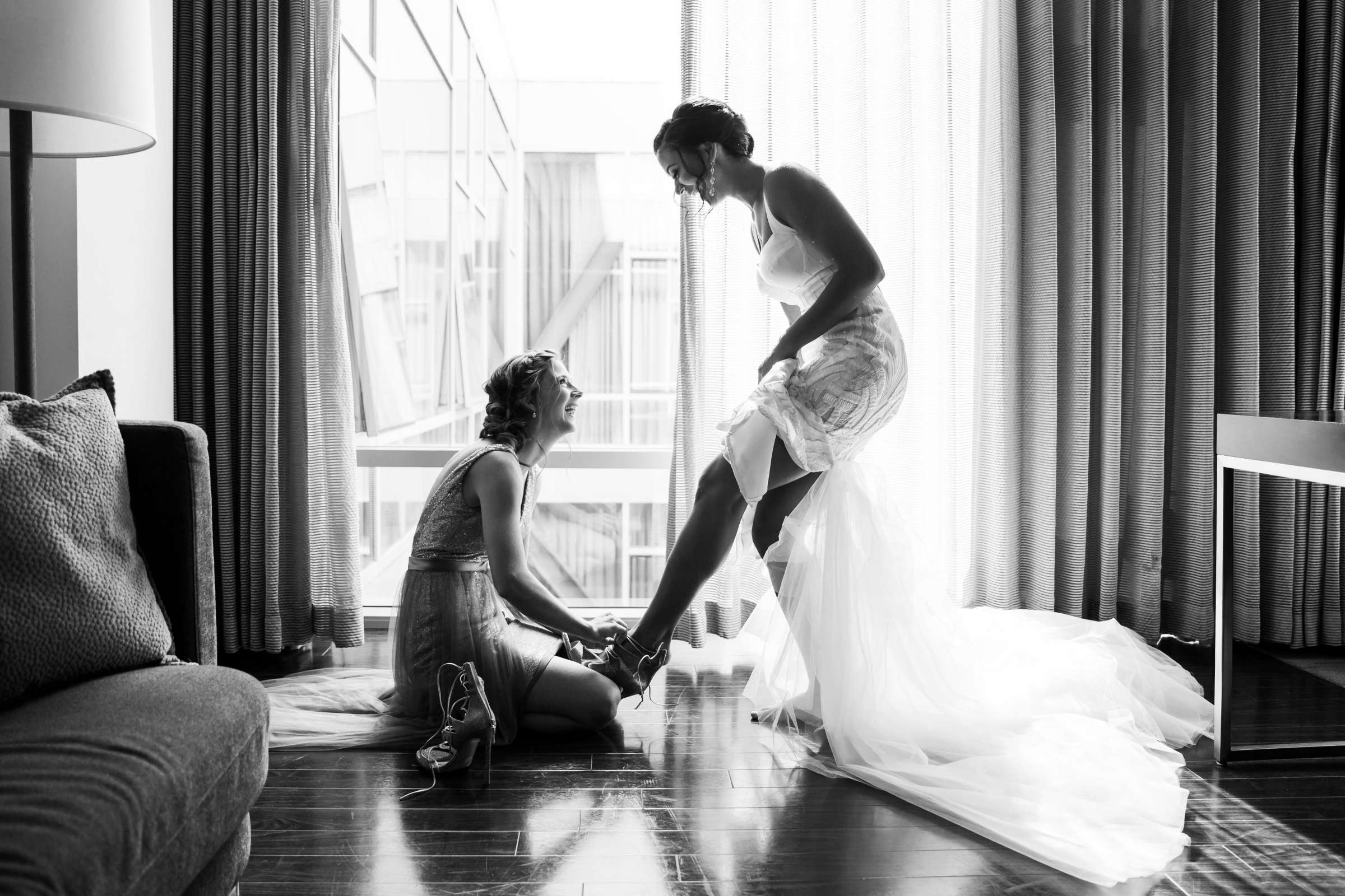 Maid of Honor, Black and White photo, Candid moment at The Ultimate Skybox Wedding, Ariella and Austin Wedding Photo #30 by True Photography