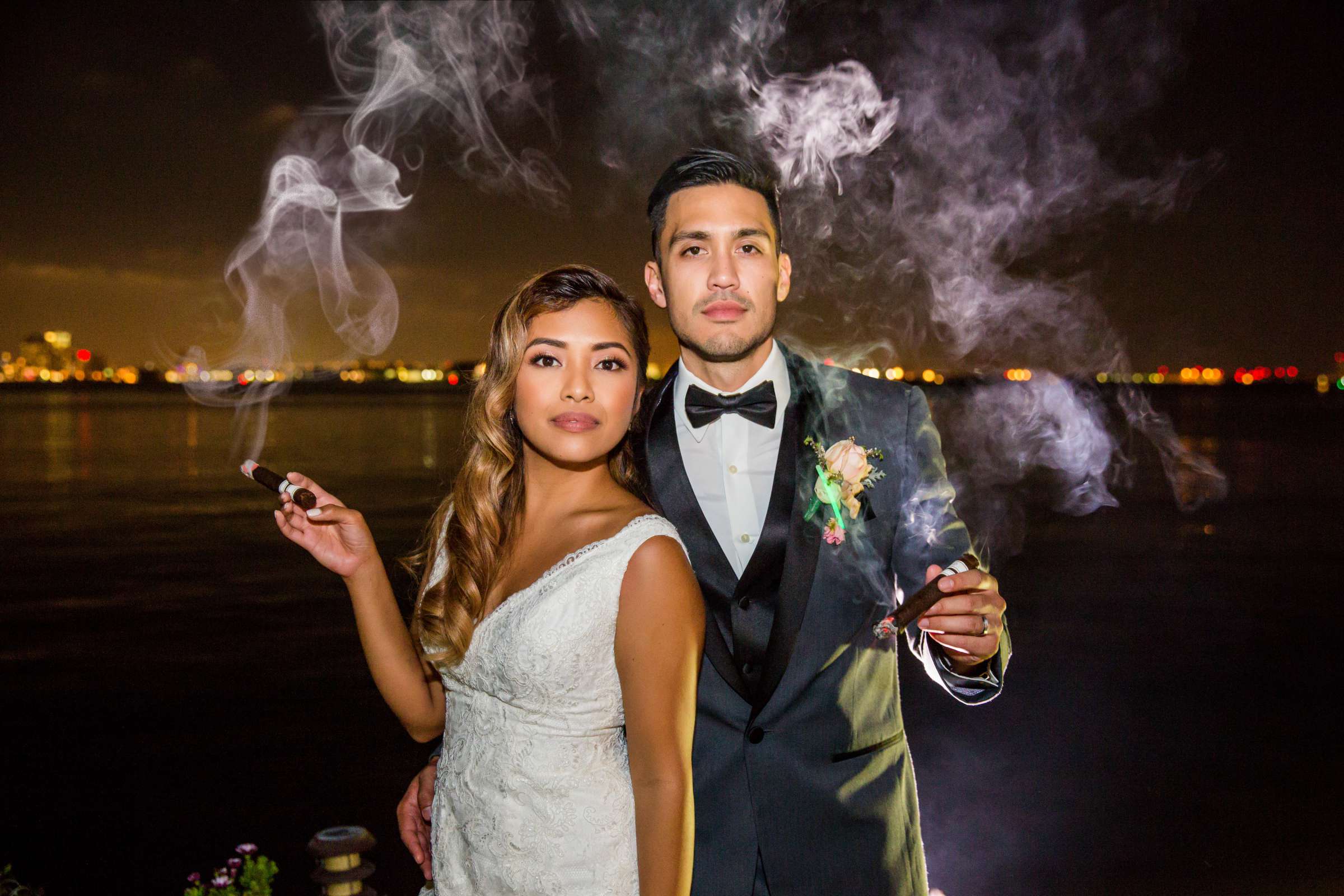 Bride and Groom, Stylized Portrait, Night Shot at Admiral Kidd Club Wedding coordinated by Hannah Smith Events, Annamarie and Scott Wedding Photo #29 by True Photography
