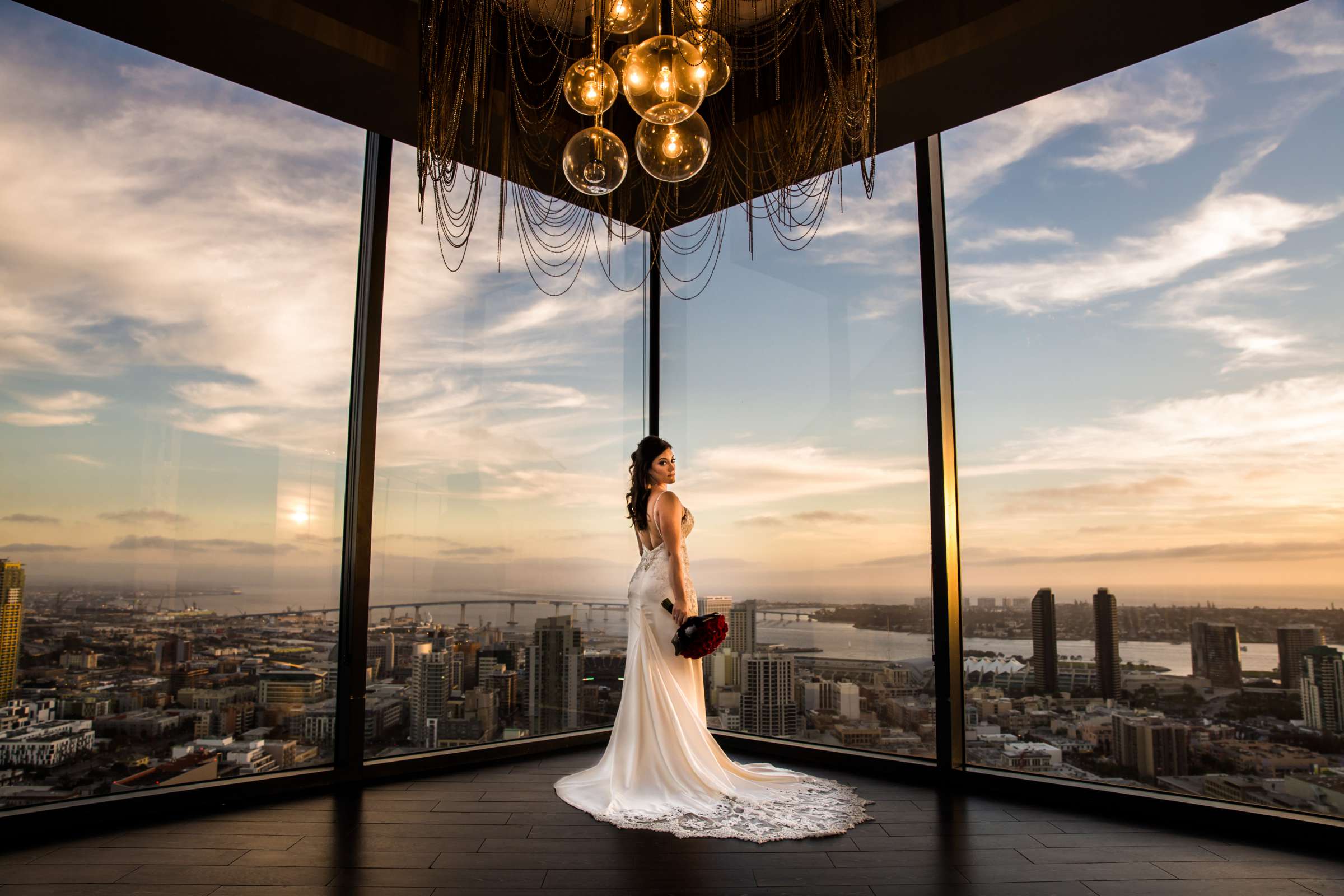 Sunset, Bride at The University Club Atop Symphony Towers Wedding coordinated by Maggie Tyler Events, Heather and Andrew Wedding Photo #1 by True Photography