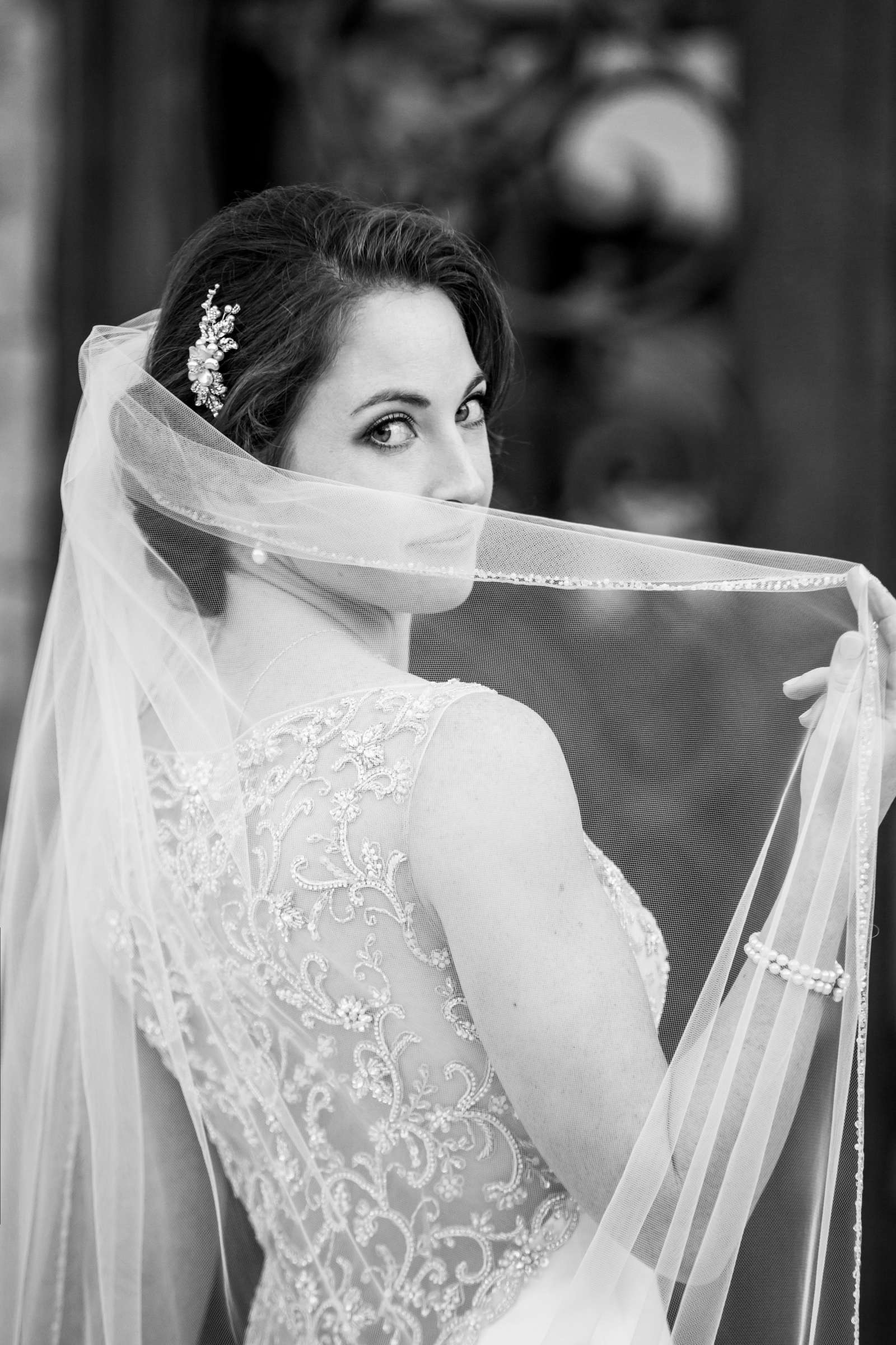 Bride, Veil, Black and White photo at Hearst Castle Wedding, Hanah and Wesley Wedding Photo #2 by True Photography