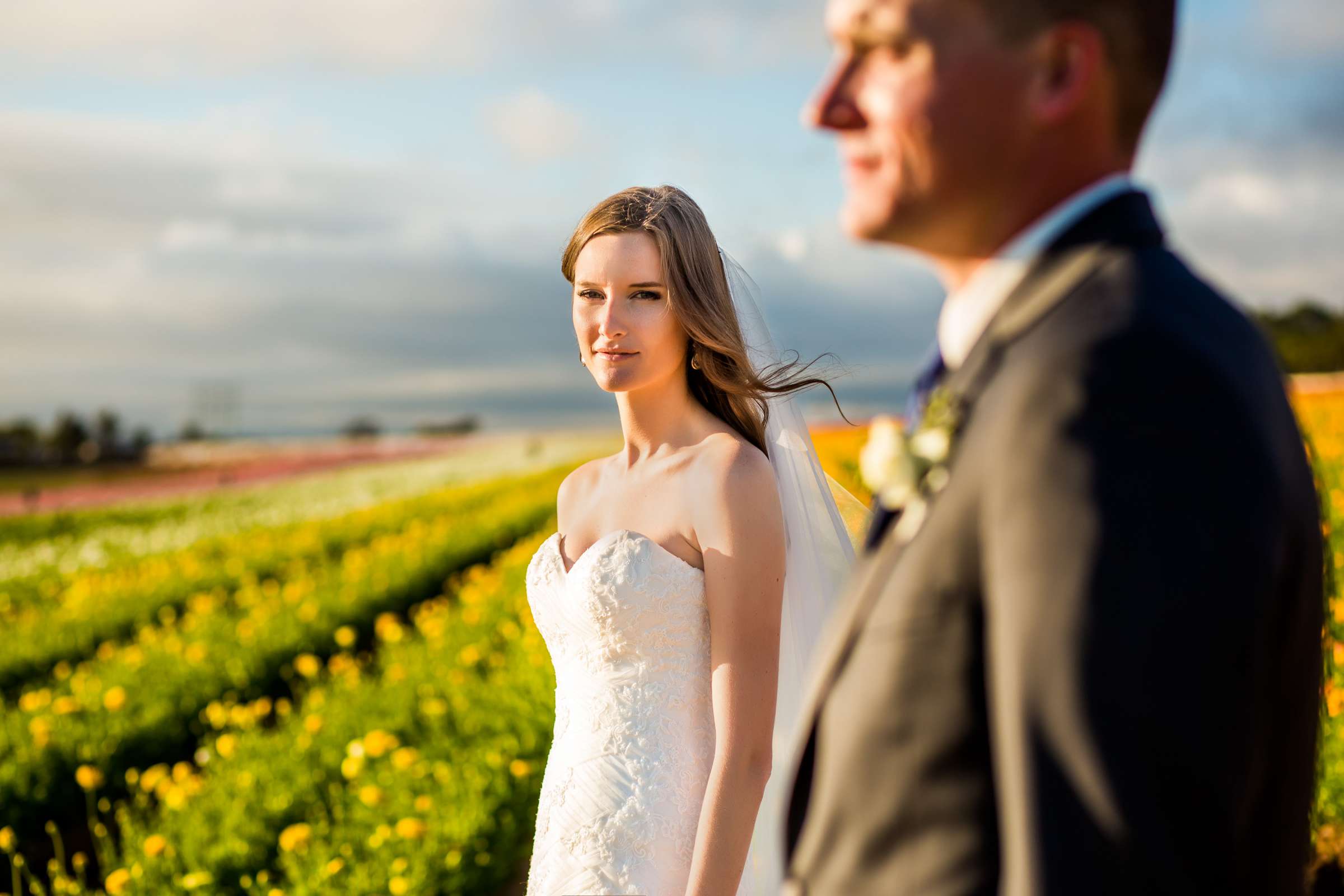 In a Field, Stylized Portrait at The Flower Fields at Carlsbad Ranch Wedding coordinated by Events by Jackie Fuhrman, Jenna and Kyle Wedding Photo #3 by True Photography